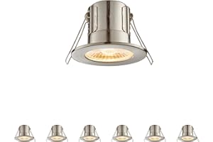 NATIONAL LIGHTING Fire Rated Downlights, Brushed Chrome Slimline Bathroom/Shower IP65 Waterproof Ceiling Lights, LED Warm White 3000K, 5W 500 Lumens, 60 Degree Beam Angle, Long-Life 30,000 Hours - Pack of 6