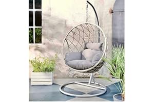 GardenCo Milan Hanging Egg Chair - Outdoor and Indoor Rattan Weave Swing Hammock - Hanging Stand (Grey)