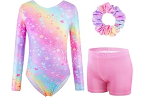 XiaoMoSha Girls Three-Piece Gymnastics Leotards Set Long Sleeve Leotards with Shorts and Hairband Sparkly Ballet Dance Unitards Gradient Color Design Gymnastics Outfits for Kids 3-12 Years