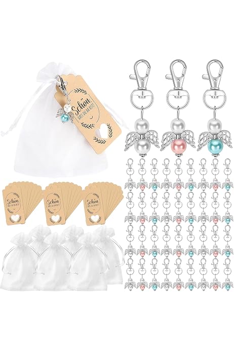 Kit Cadeau Invité Pour Baptême, Mariage - 40 Pendentifs Ange + Sacs Organza + étiquettes Kraft + Ficelle - Pour Baby Shower, Communion, Anniversaire