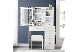 Puselo Vanity Desk with Mirror and Stool and Adjustable Lights, Makeup Vanity with Lights and Drawers, White Dressing Table for Girls, 90W x 40D x140H cm (Modern 06led)