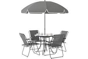 Outsunny Conjunto de Mesa y Sillas Jardín de 6 Piezas Muebles de Jardín Exterior con 4 Sillas Plegables Mesa de Vidrio y Sombrilla para Terraza Patio Gris