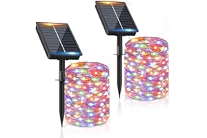 FIFlying Lumières solaires extérieures【2 paquets】 16+2M 160LED Lumières solaires de jardin IP65 imperméables multicolores 8 modes, chaîne Luc extérieure décorative jardin arbre terrasse festival