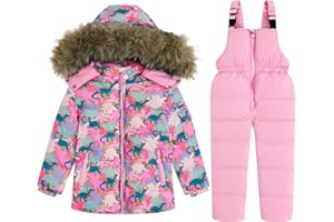 JiAmy Ensemble de neige 2 pièces pour fille – Veste matelassée d'hiver à capuche et pantalon à bretelles – Tenue ultra légère – Dinosaure rose, 6 à 7 ans