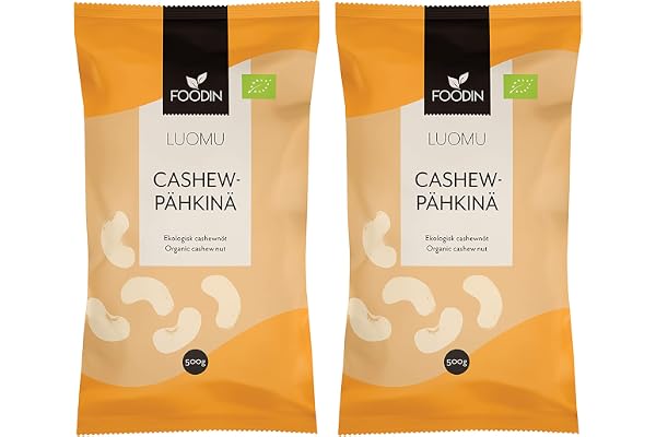 FOODIN Ekologiska cashewnötter, 2x500g hela cashewnötter, bra källa till protein och omättade fetter, 100% ekologisk, glutenfri och vegansk snack, (2x500g)