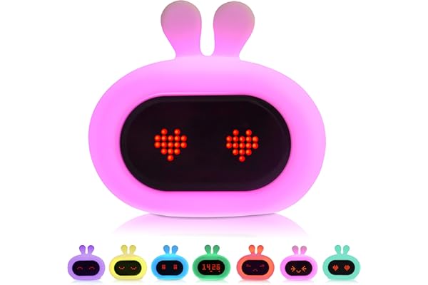 Kadoing® Réveil Enfant Lapin (Blanc) - avec Expressions Faciales et Fonction Tapotement - Lumière de Réveil - Entraîneur de Sommeil - Veilleuse - Jouet Numérique