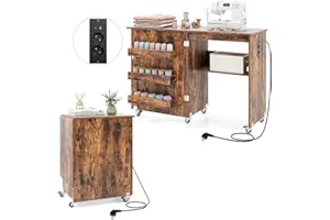 GIANTEX Tavolo da Cucito Pieghevole, Tavolino da Cucito con 5 Ruote, Mobile per Macchina da Cucire, Ampia Piano di Lavoro, 3 Vassoi Portaoggetti e Ripiano Aperto, con Stazione di Ricarica (caffe)