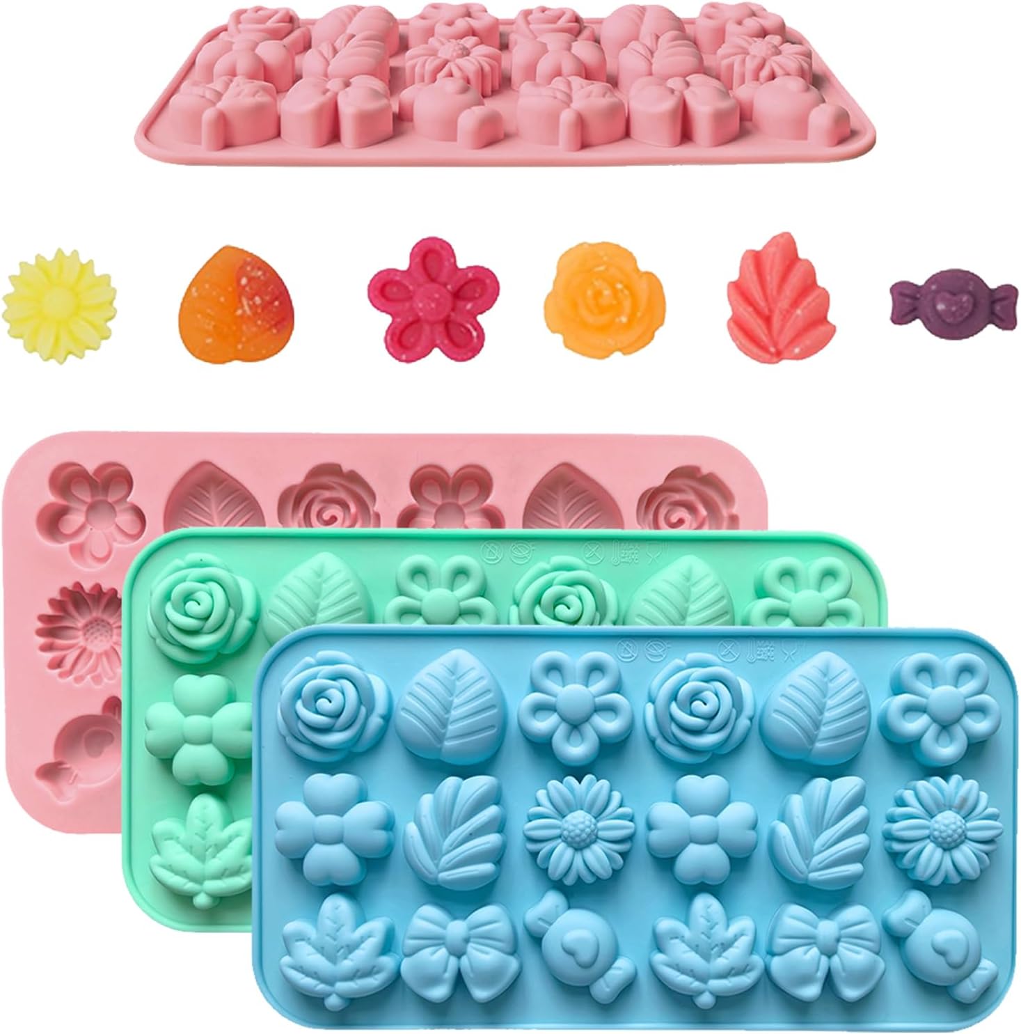 HTTDSLF 3 Piezas Molde Silicona Chocolate 18 Cavidades, Molde Bombones Flor, Reposteria Moldes Donuts para Decoración de Tarta, para Decoración de Pasteles, Dulces, Pudín, Gelatina