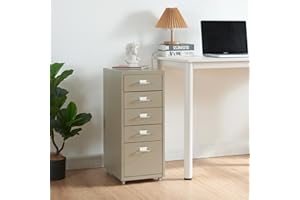 [en.casa] Caisson de Bureau à 5 Tiroirs Meuble de Rangement Roulant Organisateur pour Documents Dossiers avec Porte-Étiquettes Fournitures de Bureau Robuste Moderne Acier 69 x 28 x 41 cm Camel