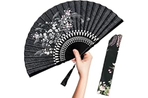 OMyTea Folding Hand Fan for Women - Foldable Chinese Japanese Vintage Bamboo Silk Fan - for Hot Flash, Church, EDM, Music Festival, Party, Dance, Performance, Decoration, Gift (Black Grassflower)