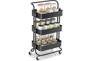 Hoomtaook Servierwagen Küchenwagen Mit Rollen,Metall Rollwagen Mit 3 Schubladen Küche,Bastelwagen Mit Griff für Kinder,Schwarz