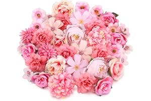 SAERRYOR 40PCS Artificial Flowers Heads Small Pink Artificial Flowers for Cake Decorations, Silk Faux Craft Flowers Pink Roses for Flower Wall Panel DIY Party Cake Hair Decorative Bridal Bouquet Wedding Party