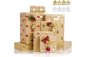 TOPTIME Papier D'emballage de Noël, 6 Paquets de Papier D'Emballage Cadeau Recyclé Feuille d'or avec 8 Autocollants, Papier Brun avec 6 Dessins Estampillés à Chaud or Métallique, Argent, 70x50cm