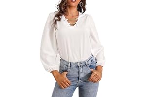 BCENOILUA Bluzka damska z dekoltem w kształcie litery V, rękawy lampiony, łańcuszek, seksowna moda, elegancka koszulka z długim rękawem