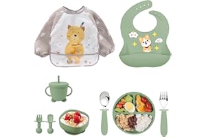 OSKUGLIN Set de Repas Bébé 9 Pièces avec Assiette à Ventouse - Ensemble Comprend Bol, Bavoir et Cuillère d'Apprentissage - Plateau en Silicone Anti-dérapant à Compartiments