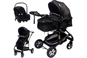 GaGaDumi Florida Kinderwagen 3 in 1 Komplettset mit Autositz - Baby Stroller TÜV - Kombikinderwagen Komplettset Voll-Gummireifen - Wickeltasche Schwarz/Schwarz