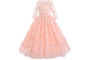 IWEMEK Fleur Filles 3/4 Manches Brodé Floral Tulle Maxi Longue Princesse Robe de Mariage Honneur Première Communion Robe de Soirée Anniversaire Fête Robe de Bal Habillée Enfants