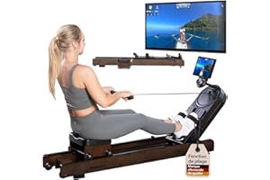 Skandika Rovek Rameur en bois pour la maison, résistance magnétique avec 32 niveaux, système de masse d'inertie de 6 kg, compatible avec application Kinomap, jusqu'à 195 cm