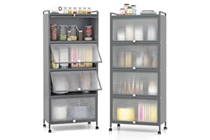GIANTEX Armario de Cocina de Metal con 4 Compartimentos, 60 x 32 x 154 cm, 4 Puertas Abatibles de PC, Armario de Almacenamiento con 4 Ruedas con Kit Antivuelco, para Cocina, Comedor (Gris)