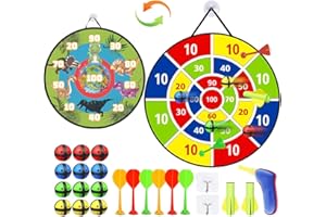 LiRiQi Gra w rzutki dla dzieci, 66 cm, rzutki do zawieszenia, z 12 kulkami samoprzylepnymi 6 rzutkami, 1 pistolet pneumatyczny (2 pociski), podwójna składana twarz, gra z rzucaniem, dinozaur