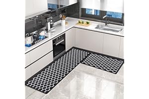 BWBIKE Küchenteppich-Sets, 2-teilig, rutschfeste Küchenmatten, waschbare Fußmatten für Küche, Esszimmer, Boden, Zuhause, Büro, Spüle, Wäsche, 40 x 60 cm + 40 x 120 cm, Schwarz Weiß Gitter