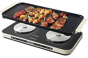 ‎AEWHALE AEWHALE Kochplatten 2er Elektrisch mit abnehmbarer keramischer Griddle-Pfanne Antihaft,1000W+1000W Doppelkochplatte mit einstellbarer Temperatur/Zeit für Camping, Küche Oder Büro