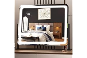 ‎HASIPU Hasipu Schminkspiegel mit Beleuchtung, 55 x 45 cm LED Kosmetikspiege mit 10x Vergrößerung, 3 Farbtemperatur Licht, Dimmbar, Smart Touch Control Tischspiegel, 360° Drehung, Spiegel für Make-up Schwarz