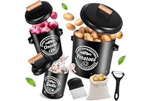 BARAKYEG Tarros de patatas,Caja Para Guardar Patatas,Tarro de cebolla Tarro de ajos Juego de 3, botes cocina almacenaje,pelador de patatas,bolsa con cordón,con Tapa Orificios de Ventilacion,(Negro)