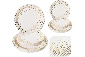 HPNPARTY partygeschirr Happy Birthday partygeschirr Set Weiß gold pappteller for 25Gäste geburtstag partygeschirr Plates, Napkins,Party For Birthdays 75 pieces Aus 100% Papier