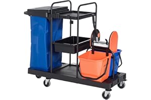 HOMCOM Carrello Pulizie Professionale a 3 Ripiani con Sacco per Immondizia, Ganci per Scopa, Secchio Lavapavimenti con Strizzatore per Mocio e 5 Ruote, per Hotel e Albergo, 111x63.3x103 cm, Nero