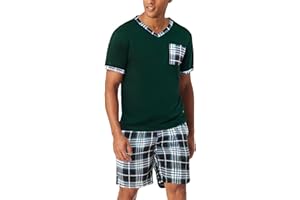 Aseniza Męska piżama krótka piżama w kratkę, bawełna, dekolt w serek, dwuczęściowa piżama z krótkim rękawem i spodniami piżamowymi w kratkę, ciemnozielony, XL