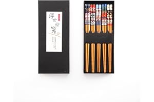FENG SHUI GIFT SHOP Bamboo Chopsticks Set, 5 Pairs of Stylish Japanese Wooden Chopsticks in Black Box - Perfect Reusable Cooking & Dining Gifts for Anime Fans and Beginners (Fortune Cat)