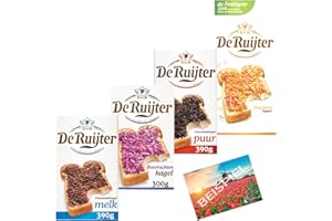 HOLLAND-BOX BY VRIENS De Ruijter Hagelslag Lot de 4 sets I 300 g / 400 g I Saupoudreuse de chocolat/saupoudres de fruits I Chocolat et fruits des bois I Flocons I Hagelslag en différentes variétés I Pays-Bas I Holland-Box