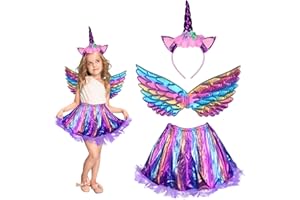MEZOOM 3 Pezzi Costume Unicorno Bambina MEZZOM Gonna da Bambina Unicorna con Cerchietto Unicorno Vestito Tutu Gonna Ali Arcobaleno per Feste di Compleanno Servizio Fotografico
