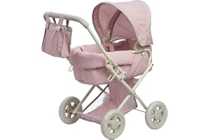 Olivia's Little World Buggy-Style Baby Doll Pram with Retractable Canopy, Storage Underneath, Detachable Bassinet, Travel Nursery Bag, Comfortable to Push, Pink and Grey