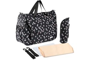 SONARIN Multi-Function Baby Nappy Changing Tote Bag,Large Waterproof Baby Changing Bag Satchel Messenger Bag Portable Travel Diaper Bag with Changing Mat & Stroller Straps & Bottle Bag(Black)