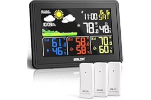 BALDR Wetterstation Funk mit 3 Außensensoren, DCF Farbbildschirm Wetterstation mit Wettervorhersage, Innen Außen Digital Thermometer Hygrometer Barometer und Benutzerdefinierte Alarme (Schwarz)