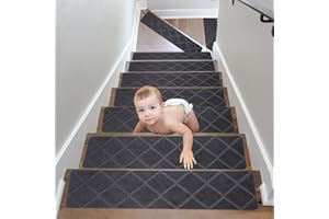 SMGBWAY 15PCS Alfombra Antideslizante para escaleras, Interior Alfombrillas de Escalera para Peldaños Autoadhesiva Amortigua Sonidos Protección, Pisadas Antideslizantes para Niños, Ancianos, Animales 76x20cm