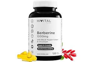 HIVITAL FOODS Berberina 1000 mg. 120 capsule vegane per 2 mesi di trattamento. Estratto naturale di Berberis Vulgaris con Cromo e Pepe Nero per migliorarne l'assorbimento. Prodotto in Europa da HIVITAL