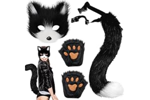 XIEXIESHER Juego de máscara y cola de zorro, Mascara Disfraz Cosplay de Gato, Conjunto De Guantes Y Colas, Máscara Therian De Gato Peludo, Accesorio De Disfraz De Animal De Halloween