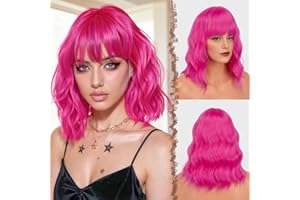 ‎FESHFEN FESHFEN Wellig Bob Perücke mit Pony - 35cm Hot Rosa Schulterlänge Perücken für Damen Frauen Synthetik Kunsthaar Hot Pink Haarperücke für Alltag Karneval Fasching