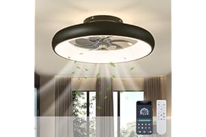Sky angle Led Deckenventilator mit Beleuchtung, Leise Dimmbar Deckenleuchte mit Ventilator Lampe Decke, Leise Deckenventilatoren mit Leuchte und Timer Fernbedienung (Matte Black, Ø 50cmX14cm)
