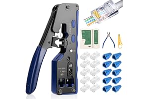 JUTYUM RJ45 Pass Through Outil de Sertissage Pince à Dénuder Multifonction pour Câble Réseau Kit d'Outils de Sertissage RJ45 Cat6 Cat5 Cat5e avec 50 Connecteurs Cat6 et Couvercles de Protection
