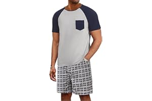 Jahetuul Pyjama Homme Court en Coton Été Ensembles de Pyjama Homme à Col Rond avec Poches Pyjamas avec Short à Carreaux Vêtements de Nuit