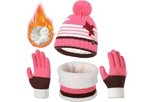Tolaler Conjunto Bufanda Gorro y Guantes Niño, Conjunto Gorro y Guantes Niña de Forro Polar GruesoSuave y Cómodo Traje de Sombrero para Niños con Bonito PompónCabe en Niños de 3 a 8 Años (Unisex)