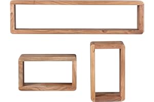 FINEBUY MÖBEL ZUM WOHLFÜHLEN FineBuy Scaffale a muro Set di 3 Legno massiccio Acacia Ripiano in legno | Mensola pensile Stile Moderno | Set di scaffali Forma a cubo