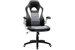 SONGMICS Racing, Oficina Alta, con Altura Ajustable, Apoyabrazos Abatibles, Mecanismo de Inclinación, Silla para Juegos, Negro, Blanco y Gris OBG28BG, 7376(118-128)