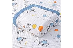Hivia 110 * 110CM Mussole Neonato Cotone-6 Strati di Morbida e Confortevole Copertina Neonato Cotone,100% Cotone Coperta Neonato Adatto per Culla, Carrozzina|Astronauta Blu