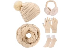 Xnova Women Winter Hat Scarf and Gloves Set, Ladies Warm Knitted Pom Beanie Hat Thermal Touch Screen Gloves Long Loop Scarf Thick Ski Socks 5 PCS Ear warmers for Outdoors Sports