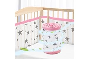 WYSWYG Cot Bumper with Breathable Mesh,2 PCS Baby Cot Bumpers Safer Cot Liner,Breathable Bed Bumper for Toddlers Fits 140×70cm 4 Panel Cot,Pink Star